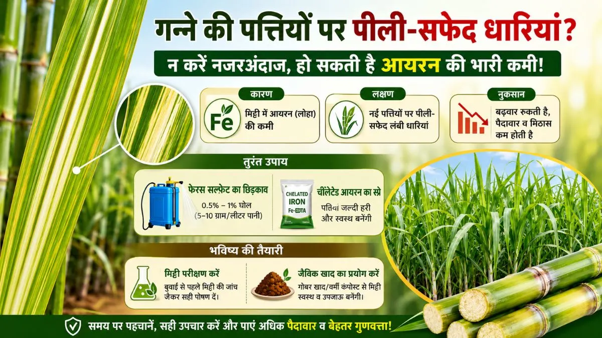 गन्ने की पत्तियों पर दिख रही हैं पीली-सफेद धारियां तो न करें नजरअंदाज, फसल में हो सकती है इस जरूरी तत्व की भारी कमी!